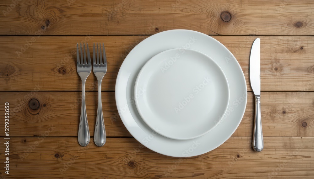 Table Setting with White Plates and Silver Cutlery on Wooden Table Table Setting with White Plates and Silver Cutlery on Wooden Table