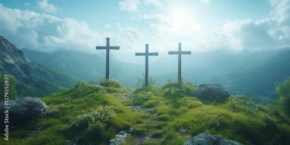 Naklejka premium Three wooden crosses stand on grassy hilltop surrounded by majestic mountains under a bright sky