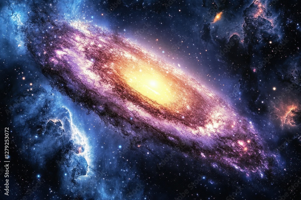 Obraz premium Stunning view of a spiral galaxy illuminated by a bright core and surrounded by cosmic clouds