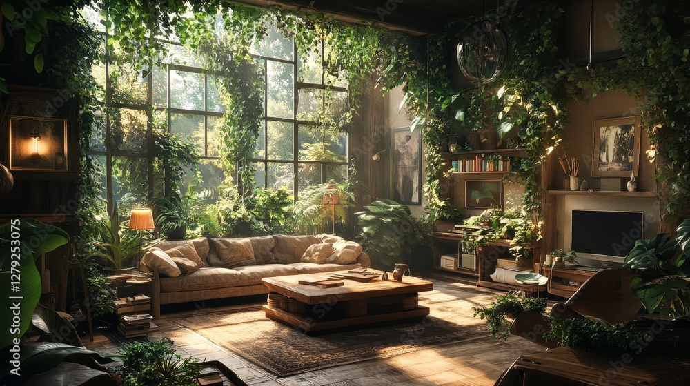 Fototapeta premium Bright, Sunny Living Room Filled With Lush Green Plants Creates a Tranquil Atmosphere During the Golden Hours of the Day
