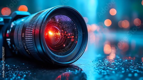 Close up of professional camera lens with intense bokeh lighting effect photo