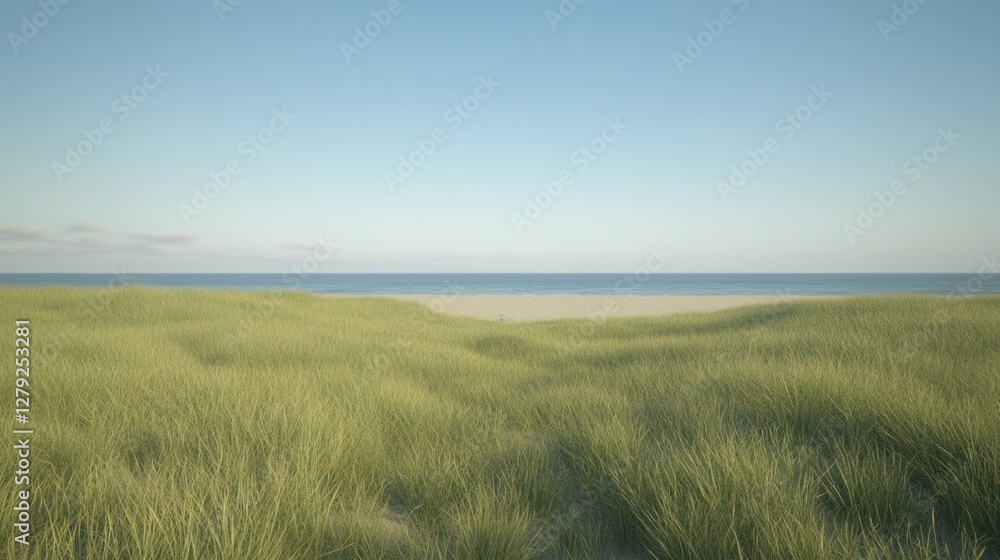 Endless green grass sways gently under clear blue sky meeting oc Endless green grass sways gently under clear blue sky meeting oc