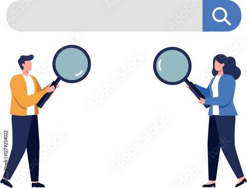 Two diverse individuals holding magnifying glasses in a minimal style, engaged in a search activity, conveying curiosity and collaboration, vector illustration