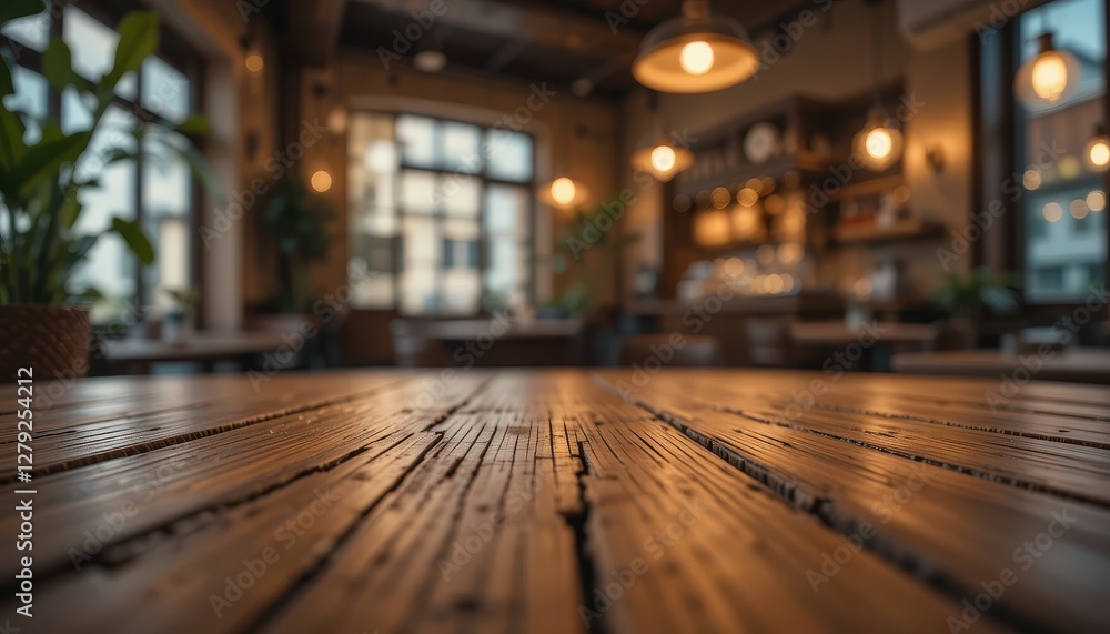 Rustic Wooden Table in Cozy Cafe with Warm Lighting Atmosphere Rustic Wooden Table in Cozy Cafe with Warm Lighting Atmosphere