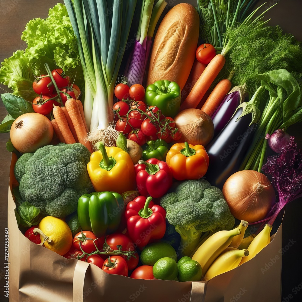 A brown paper grocery bag is overflowing with a vibrant assortment of fresh produce.
A brown paper grocery bag is overflowing with a vibrant assortment of fresh produce.