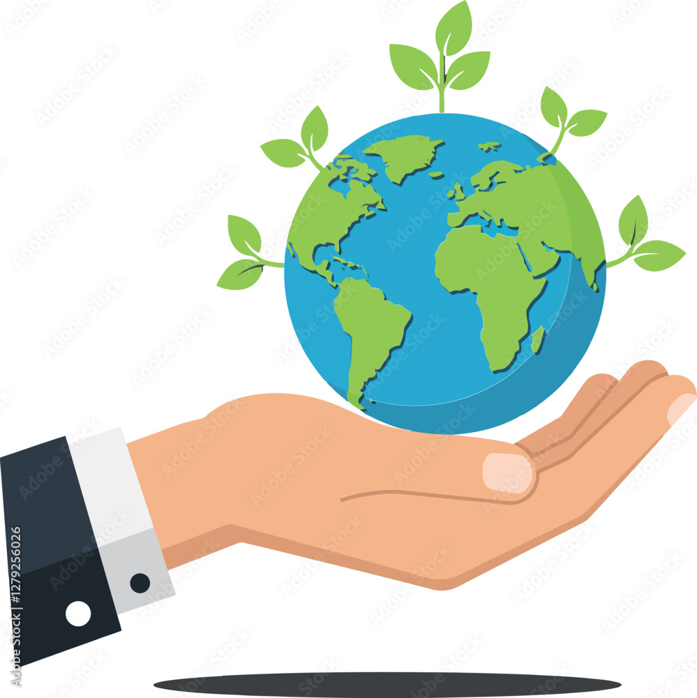 A human hand gently cradles a vibrant globe with green leaves, showcasing a flat design style in this vector art A human hand gently cradles a vibrant globe with green leaves, showcasing a flat design style in this vector art
