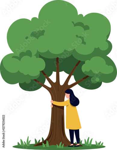 A woman in a yellow coat joyfully hugging a large green tree in a minimal vector illustration