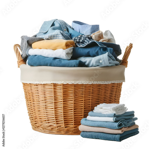 Laundry basket clean clothes cleaning chores housework, clean clothes and Wicker basket with clean laundry isolated on white background