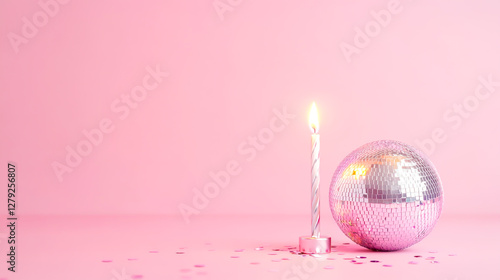 Shiny disco ball and lit candle on a soft pastel pink background, creating a minimalist and modern party vibe
