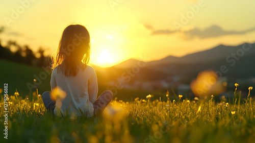 Child meditating in sunset meadow, mountains in background; peaceful childhood moment, perfect for family blogs or children's books