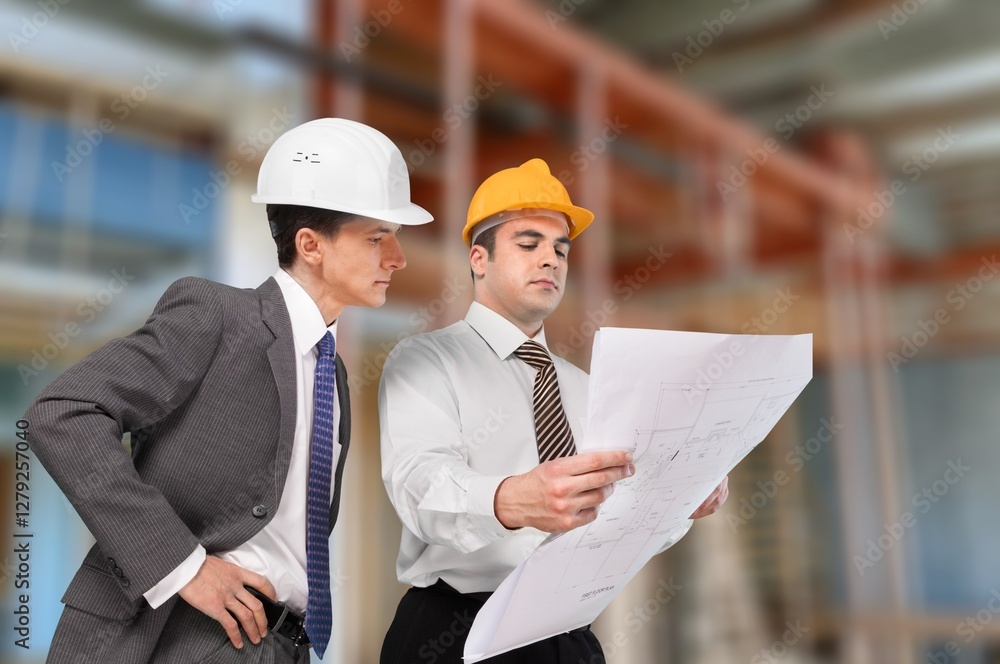 Structural engineer and architect worker discuss plan working Structural engineer and architect worker discuss plan working