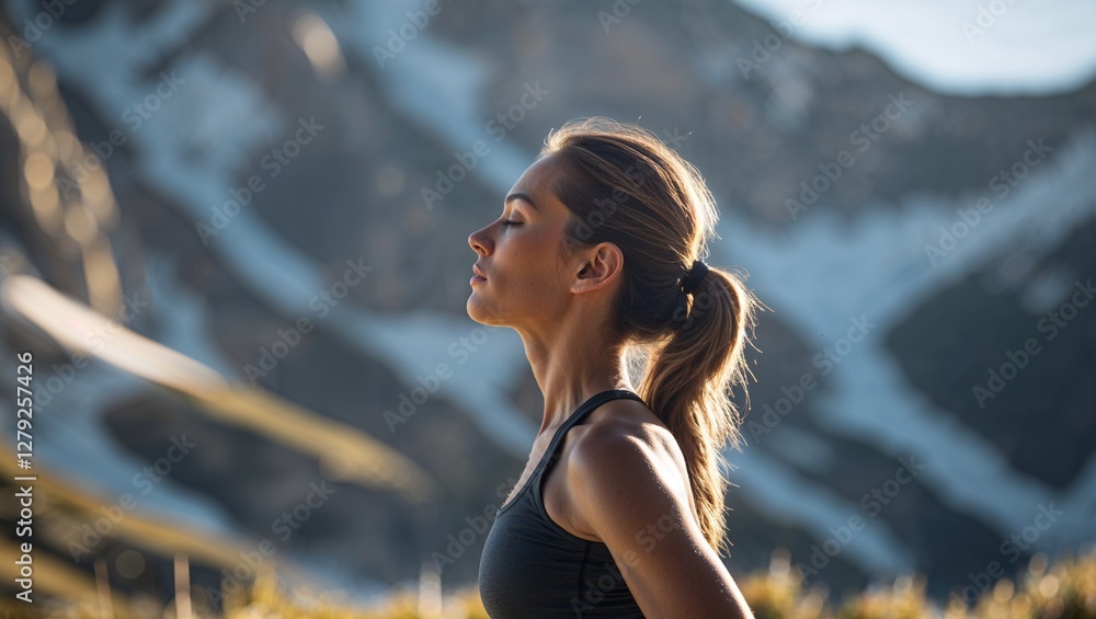 Young woman practicing yoga with scenic hills in the background, balance and mindfulness Young woman practicing yoga with scenic hills in the background, balance and mindfulness
