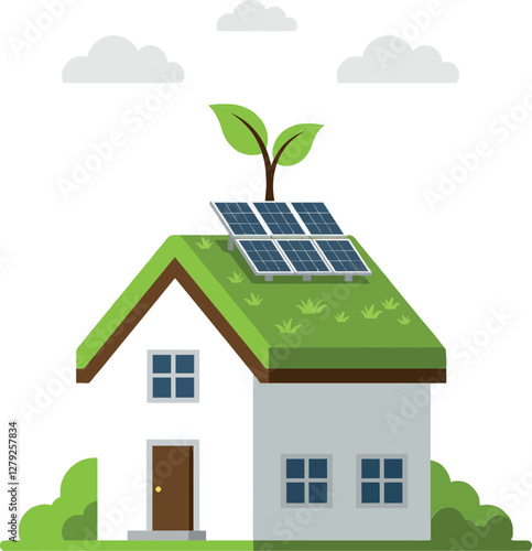 Eco-friendly house with solar panels and a green roof in a minimal flat design vector illustration