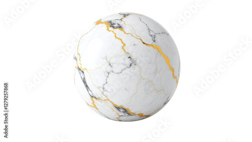 A perfect sphere of elegant white marble elegantly adorned with shimmering gold veins, a timeless symbol of luxury and sophistication against a stark black background.