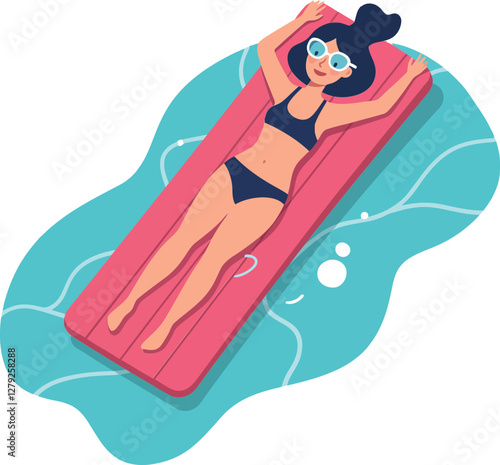 Young woman relaxing on a pink float in a turquoise pool, enjoying the summer sun, flat vector illustration
