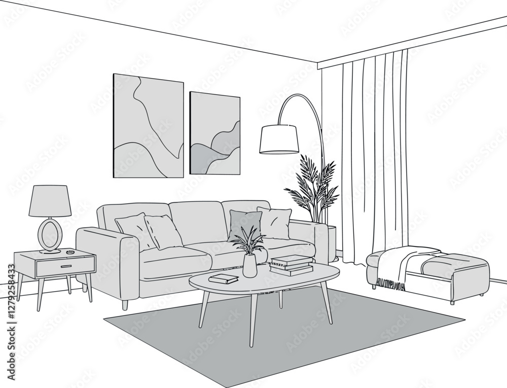 Fototapeta premium Cozy living room scene featuring a modern sofa, stylish decor, and minimalistic design in flat vector art
