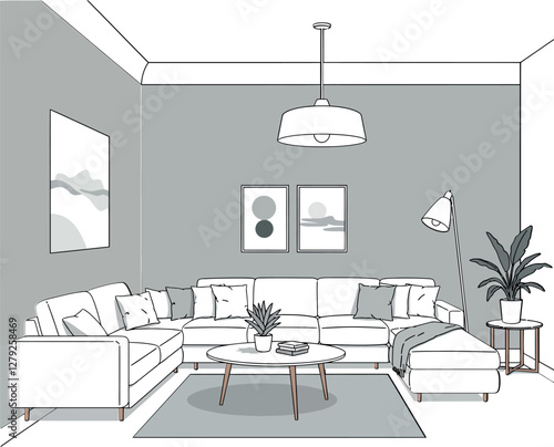 Cozy living room scene featuring a sectional sofa and modern decor in flat vector illustration style