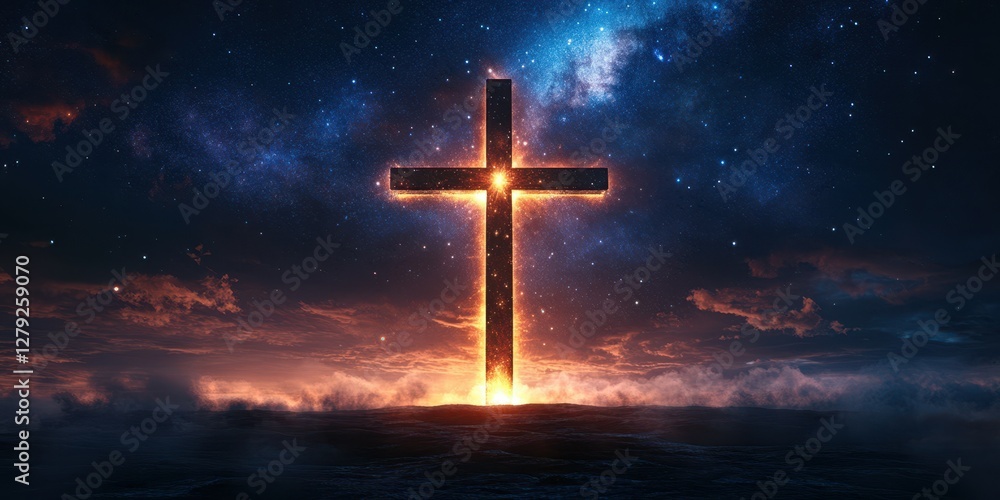 Fototapeta premium Bright cross shines against a starry sky at dusk over a calm ocean landscape