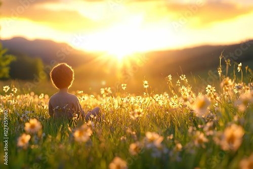 Child sitting in daisy field watching sunset over mountains; idyllic childhood scene, perfect for illustrating peace, serenity, or family