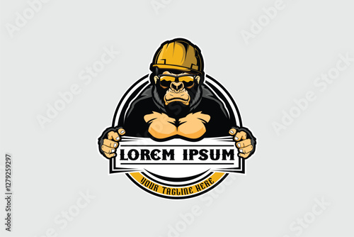 constructor gorilla with hard hat and sunglasses badge vector template