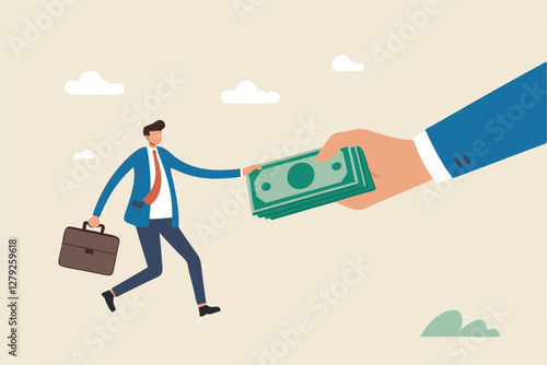 Getting paid, salary, wages payment or bonus, reward or employee benefits, tax refund or investment profit earning, loan or mortgage concept, business man hand giving money banknote to happy employee.