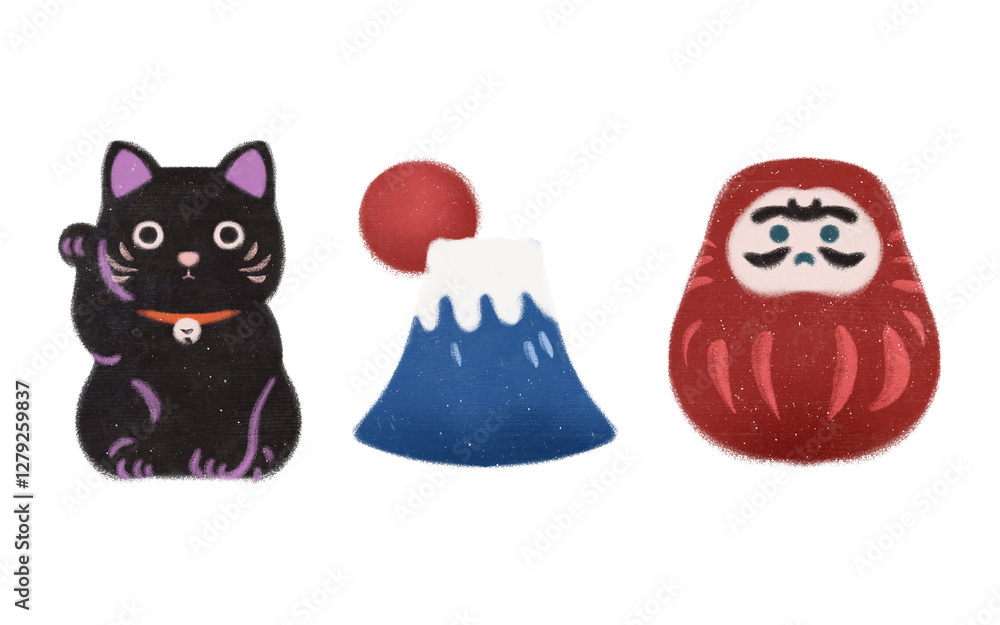 Obraz premium super cute Japan travel theme icons hand-drawn cultural trendy minimalist Japanese aesthetic illustration set new year traditional decoration celebration ornaments fortune cat mount fuji daruma 