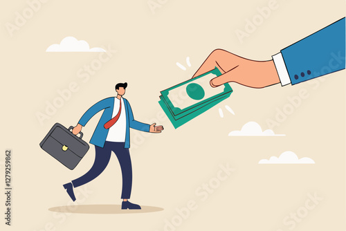 Getting paid, salary, wages payment or bonus, reward or employee benefits, tax refund or investment profit earning, loan or mortgage concept, business man hand giving money banknote to happy employee.