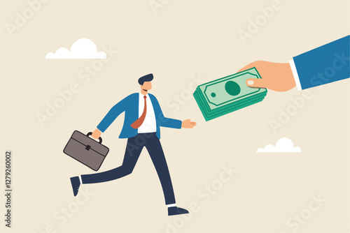 Getting paid, salary, wages payment or bonus, reward or employee benefits, tax refund or investment profit earning, loan or mortgage concept, business man hand giving money banknote to happy employee.