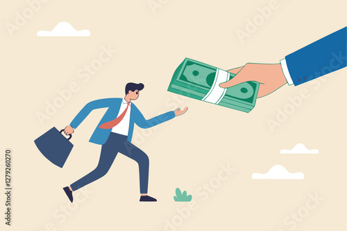 Getting paid, salary, wages payment or bonus, reward or employee benefits, tax refund or investment profit earning, loan or mortgage concept, business man hand giving money banknote to happy employee.