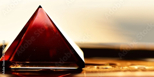 Extreme macro photo of a polished triangle glass partially encasing a clear sphere, with multicolor edges, soft refraction, and a blurred violet-emerald backdrop. Warm, natural tones, depth of field, 