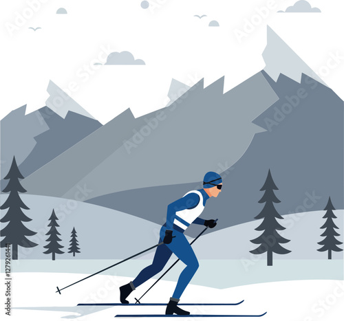 A focused skier gliding through a snowy landscape with majestic mountains in a minimal flat vector illustration