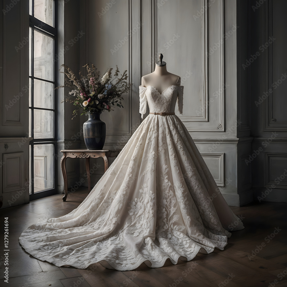 Elegant wedding gown on mannequin with off-shoulder detail in luxurious interior Elegant wedding gown on mannequin with off-shoulder detail in luxurious interior
