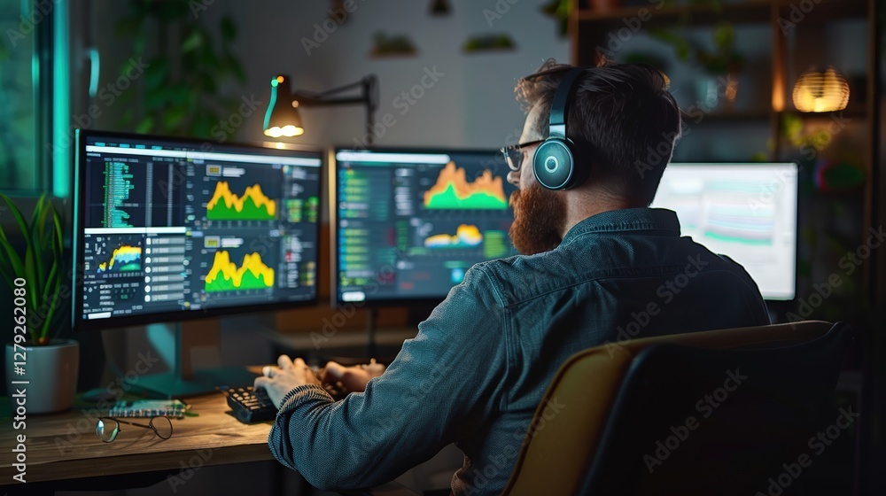 Financial analyst monitoring stock market trends using multiple computer screens, evaluating real-time data, AI-driven predictions, and investment strategies in a high-tech trading environment. Financial analyst monitoring stock market trends using multiple computer screens, evaluating real-time data, AI-driven predictions, and investment strategies in a high-tech trading environment.