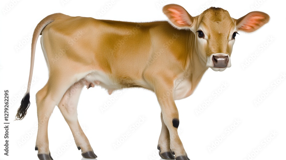 Close Up of a Young Brown Jersey Calf Standing on a White Background in Studio Light Close Up of a Young Brown Jersey Calf Standing on a White Background in Studio Light