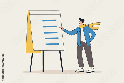 Procedure and workflow, planning process or sequence to finish project, standard or company policy, business outline to step by step, businessman leader present workflow and procedure in meeting.