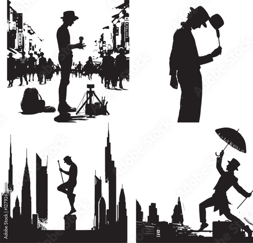 Sunset street performance black and white silhouette assets 