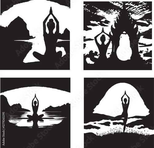 Worship Calmness faith concept. A peaceful figure meditating with a serene landscape blending into the silhouette.