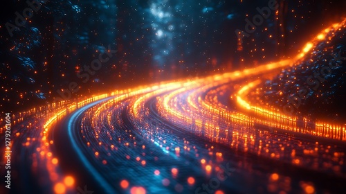Fiber optic data lines glowing in the dark with multicolor light streaks symbolizing high-tech advancements