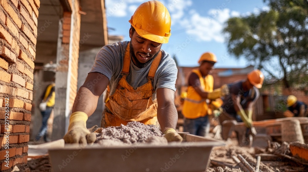 Construction worker mixing cement on a building site. Hard work and dedication. Construction worker mixing cement on a building site. Hard work and dedication.