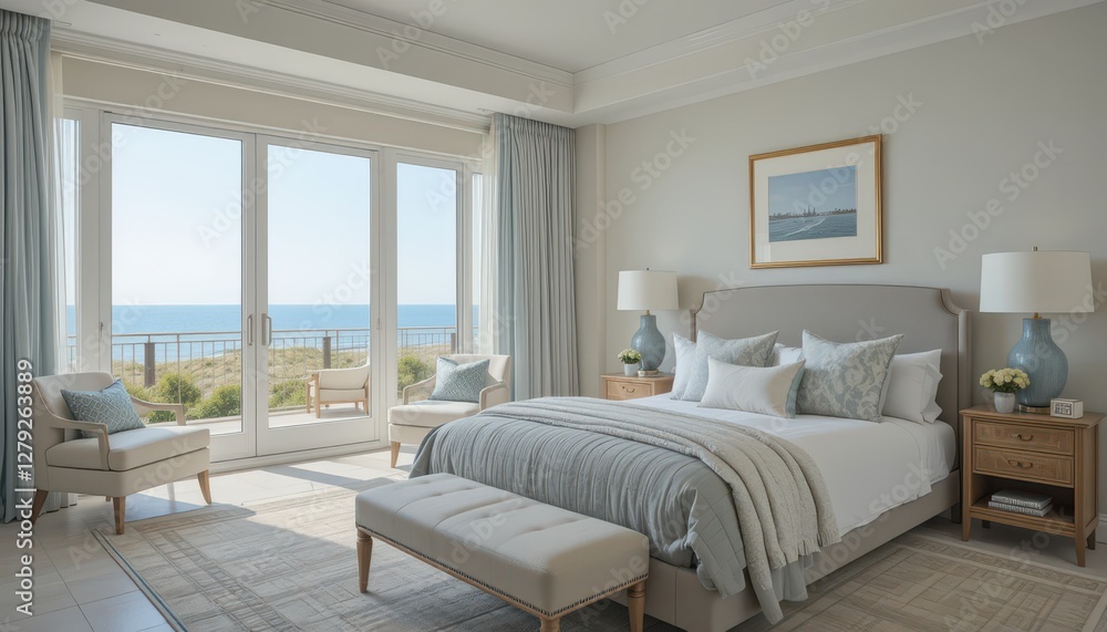 Fototapeta premium Cozy Coastal Bedroom with Ocean View and Elegant Interior Design