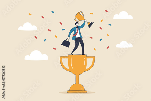 Victory or business achievement, triumph or award winning, accomplishment for leadership success, determination for career success concept, cheerful businessman winner raising flag on winning trophy.