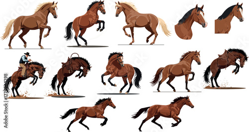 Multiple dynamic poses of horses in detailed vector art showcasing elegance, strength, and motion in equestrian activities