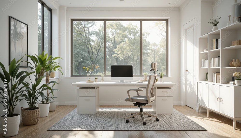 Modern home office with natural light and greenery in a peaceful setting Modern home office with natural light and greenery in a peaceful setting