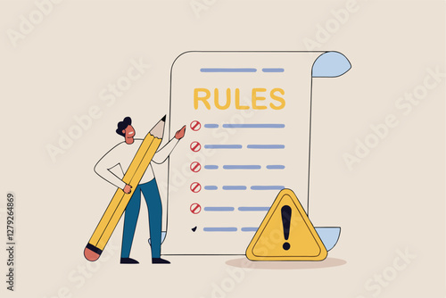 Rules and regulations, policy and guideline for employee to follow, legal term, corporate compliance or laws, standard procedure concept, businessman finish writing rules and regulations document.