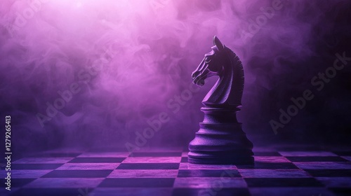 Black Chess Knight Piece Surrounded by Purple Smoky Atmosphere