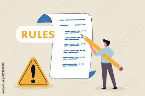 Rules and regulations, policy and guideline for employee to follow, legal term, corporate compliance or laws, standard procedure concept, businessman finish writing rules and regulations document.