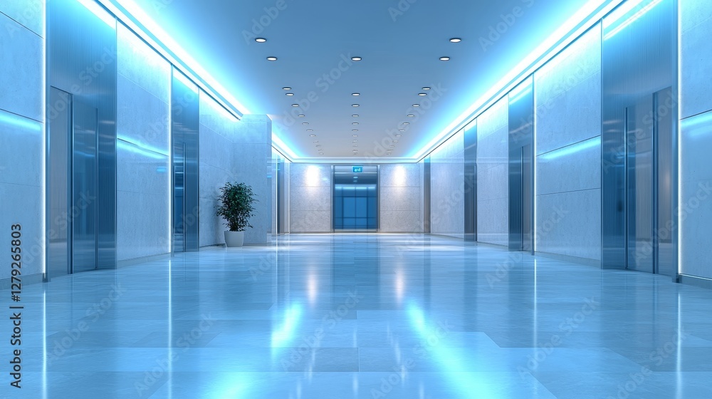 Fototapeta premium Modern Hallway With Sleek Design and Blue Lighting in a Commercial Building During Daytime