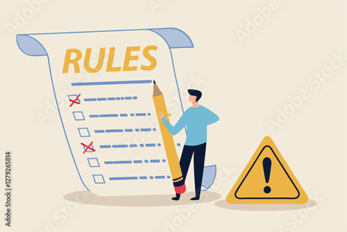 Rules and regulations, policy and guideline for employee to follow, legal term, corporate compliance or laws, standard procedure concept, businessman finish writing rules and regulations document.