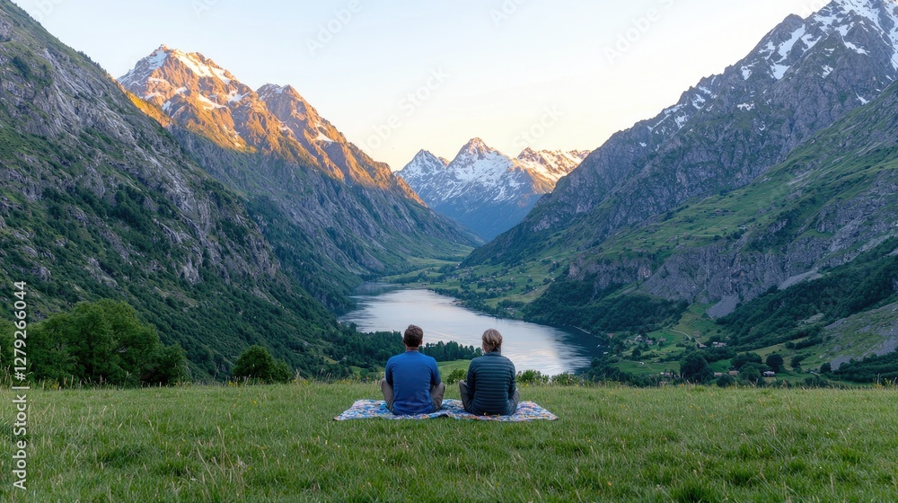Naklejka premium Couple enjoying mountain lake view, tranquil landscape, outdoor relaxation