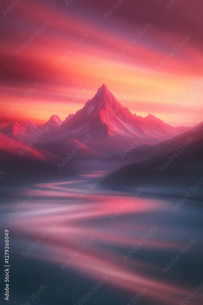 Fototapeta premium Majestic mountains reflect vibrant colors in serene waters at su
